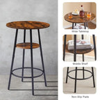 3-Piece Industrial Bar Table Set with 2 Stools, Small Round Counter Height Bistro Pub Dining Table Set for Kitchen, Small Space