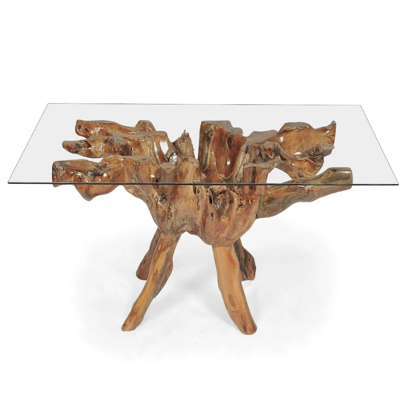 Teak Wood Root Dining Table with 55 inch Square Glass Top