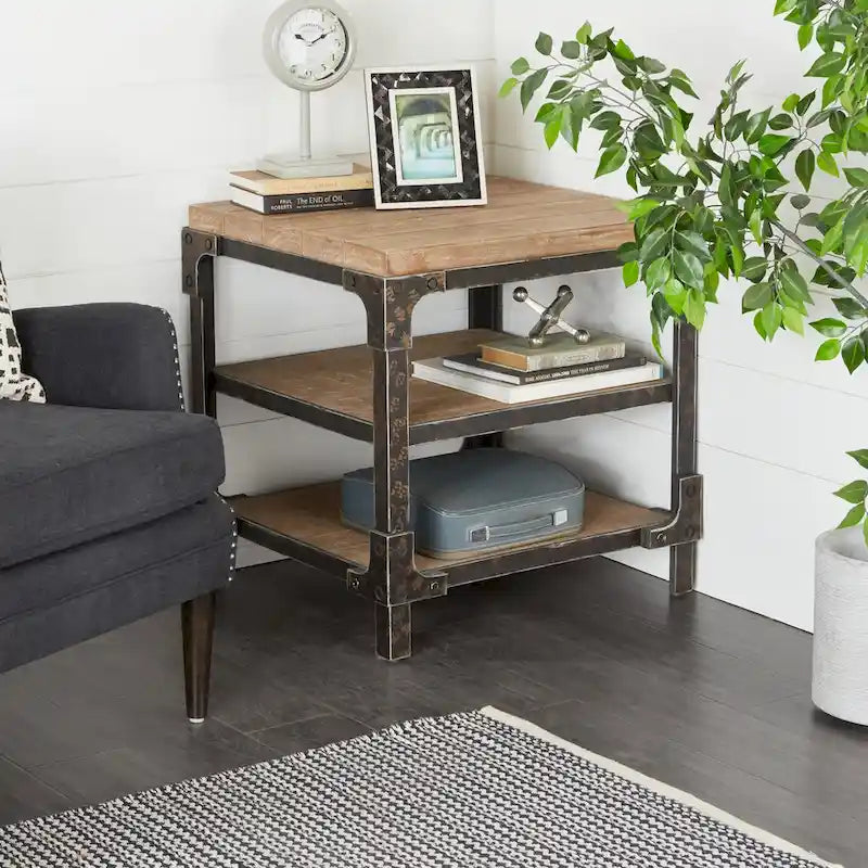 Wood 2 Shelves Side End Accent Table - Brown